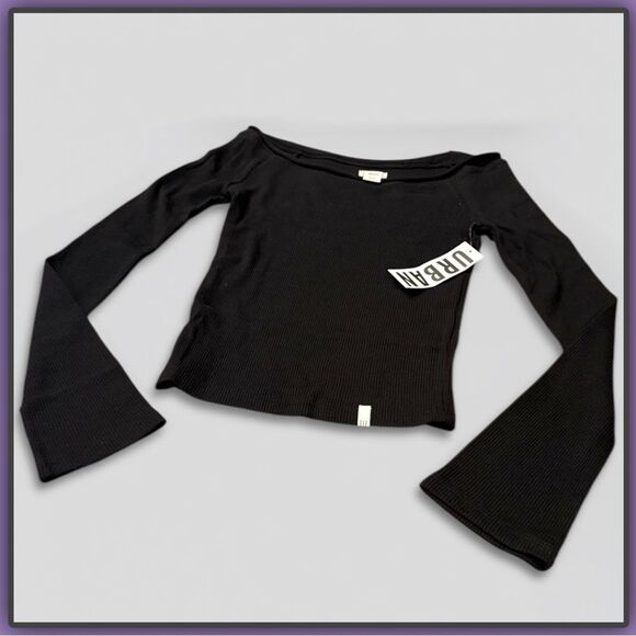 BDG Stella Boatneck Waffle knit Long Sleeve Tee Black - Picture 7 of 16
